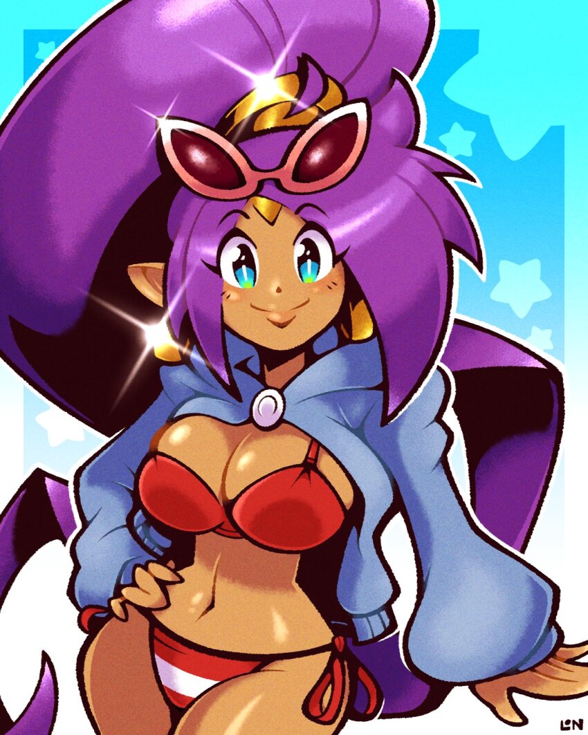 beach_day_shantae, bikini, blue_eyes, breasts, dark-skinned_female, dark_skin, earrings, highres