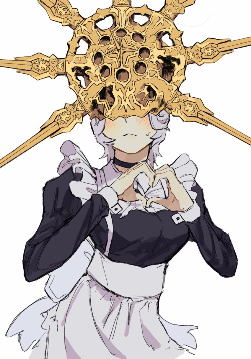 1boy, :<, alternate_costume, androgynous, apron, black_choker, blush, breasts