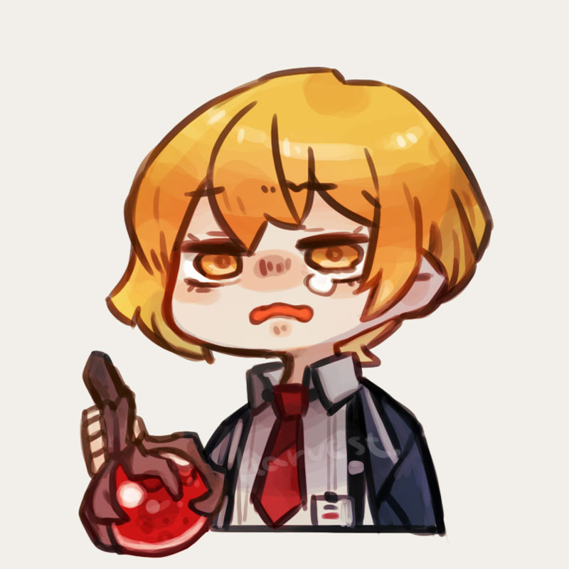 1boy, artist_name, black_jacket, blonde_hair, collared_shirt, commentary_request, giant_tree_sap, harvest_fes, holding, jacket, limbus_company, male_focus, necktie, open_clothes, open_jacket, open_mouth, project_moon, red_necktie, shirt, short_hair, simple_background, sinclair_(project_moon), solo, teardrop, white_background, white_shirt, yellow_eyes