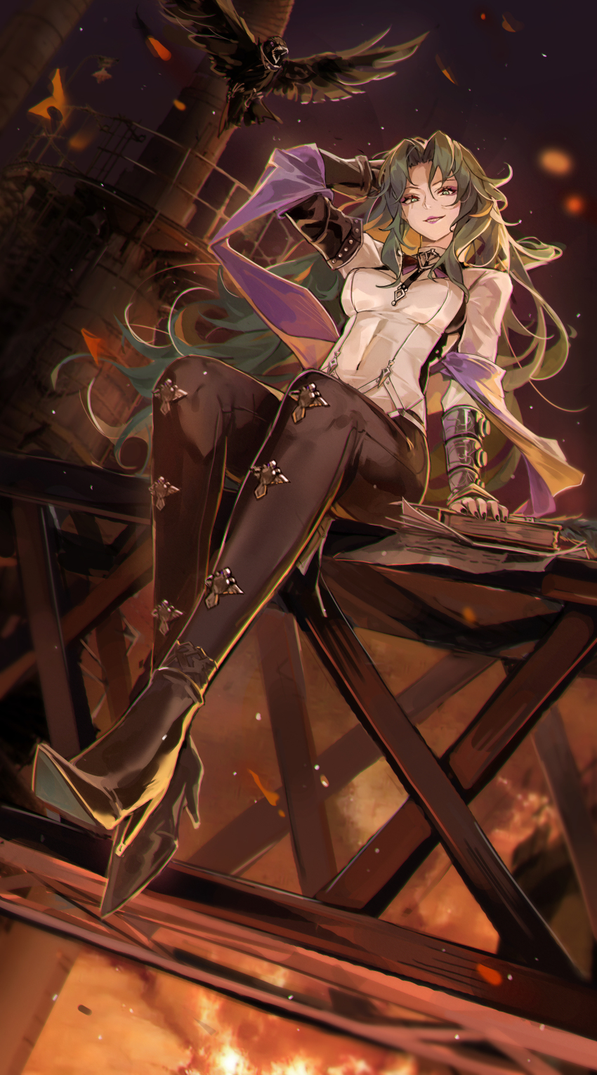 1girl, absurdres, arm_behind_head, bird, black_nails, breasts, commentary, crow, english_commentary, eyeliner, eyeshadow, fire, gloves, green_eyes, green_hair, high_heels, highres, long_hair, long_sleeves, looking_at_viewer, makeup, medium_breasts, path_to_nowhere, purple_eyeliner, purple_eyeshadow, purple_lips, purple_scarf, raven_(path_to_nowhere), scarf, sharp_teeth, sitting, smile, solo, teeth, xude