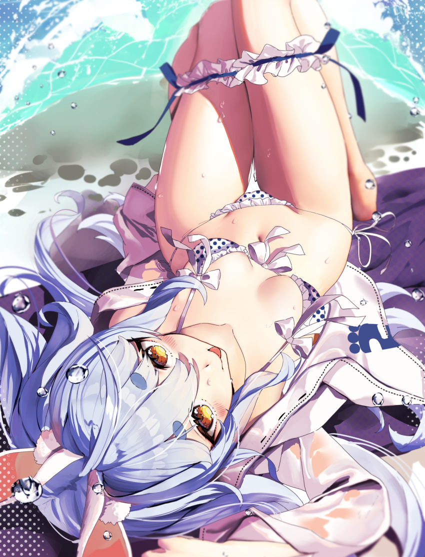 1girl, absurdres, animal_ear_fluff, animal_ears, bare_legs, barefoot, beach, bikini