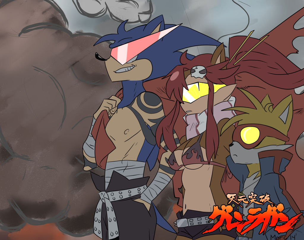 1girl, 2boys, bandages, bikini, bikini_top_only, breasts, cosplay, furry