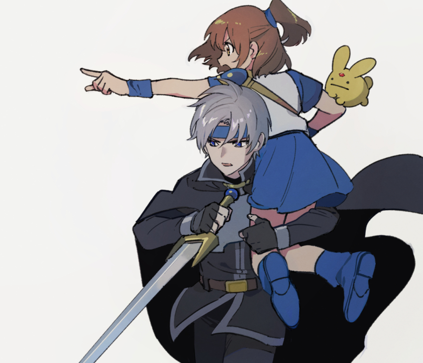 1boy, 1girl, arle_nadja, armor, belt, black_cape, black_gloves, black_pants