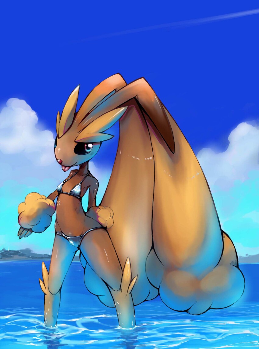 1girl, absurdres, animal_nose, arm_behind_back, bare_shoulders, bikini, black_sclera, blue_background