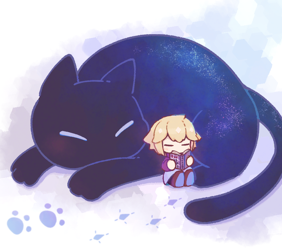 1girl, animal, black_cat, blonde_hair, book, brown_footwear, cat, chibi