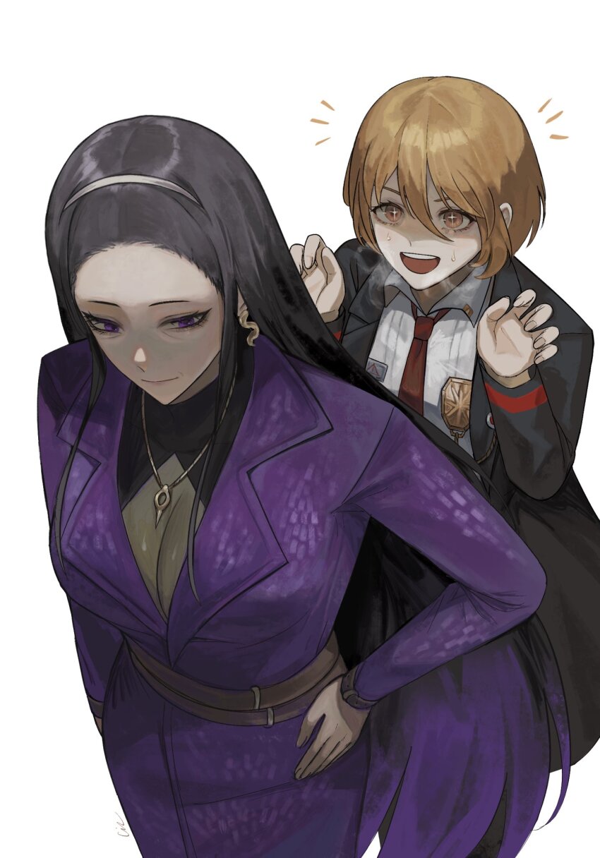 2girls, belt, black_coat, black_hair, black_shirt, blonde_hair, breasts, brown_belt