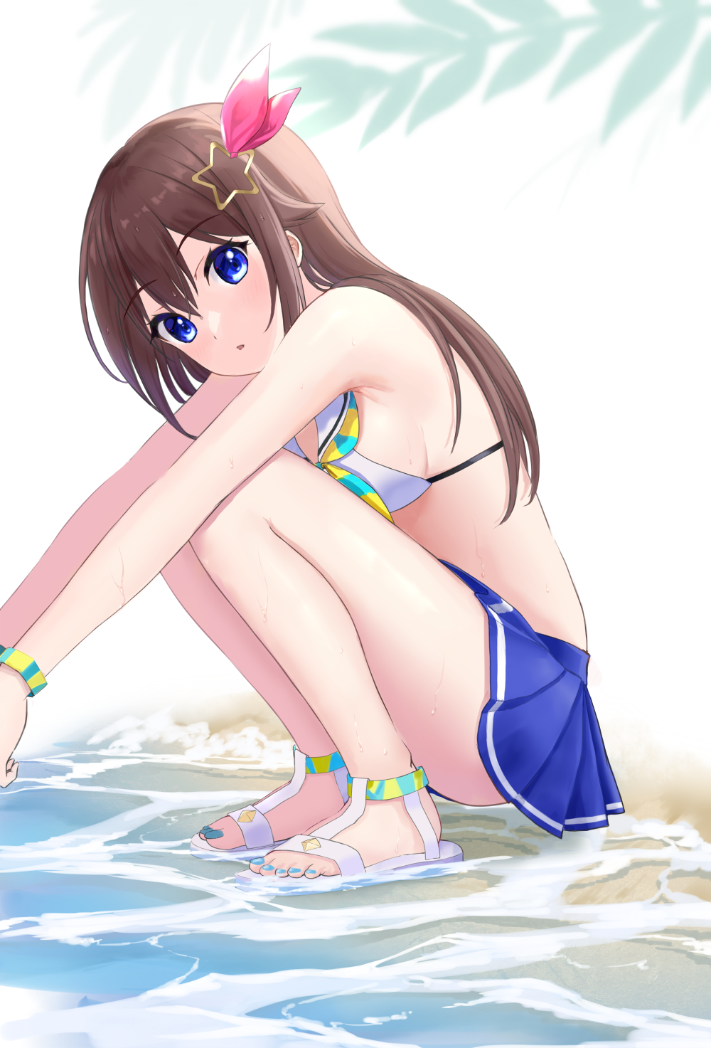 1girl, beach, bikini, blue_eyes, blue_nails, blue_skirt, blush, breasts