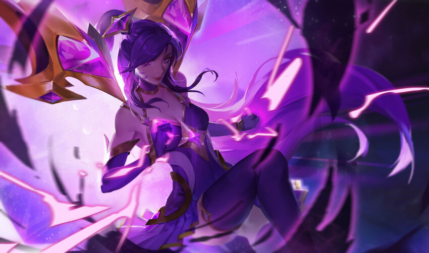 1girl, bare_shoulders, breasts, cleavage, closed_mouth, elbow_gloves, facial_mark, feet_out_of_frame