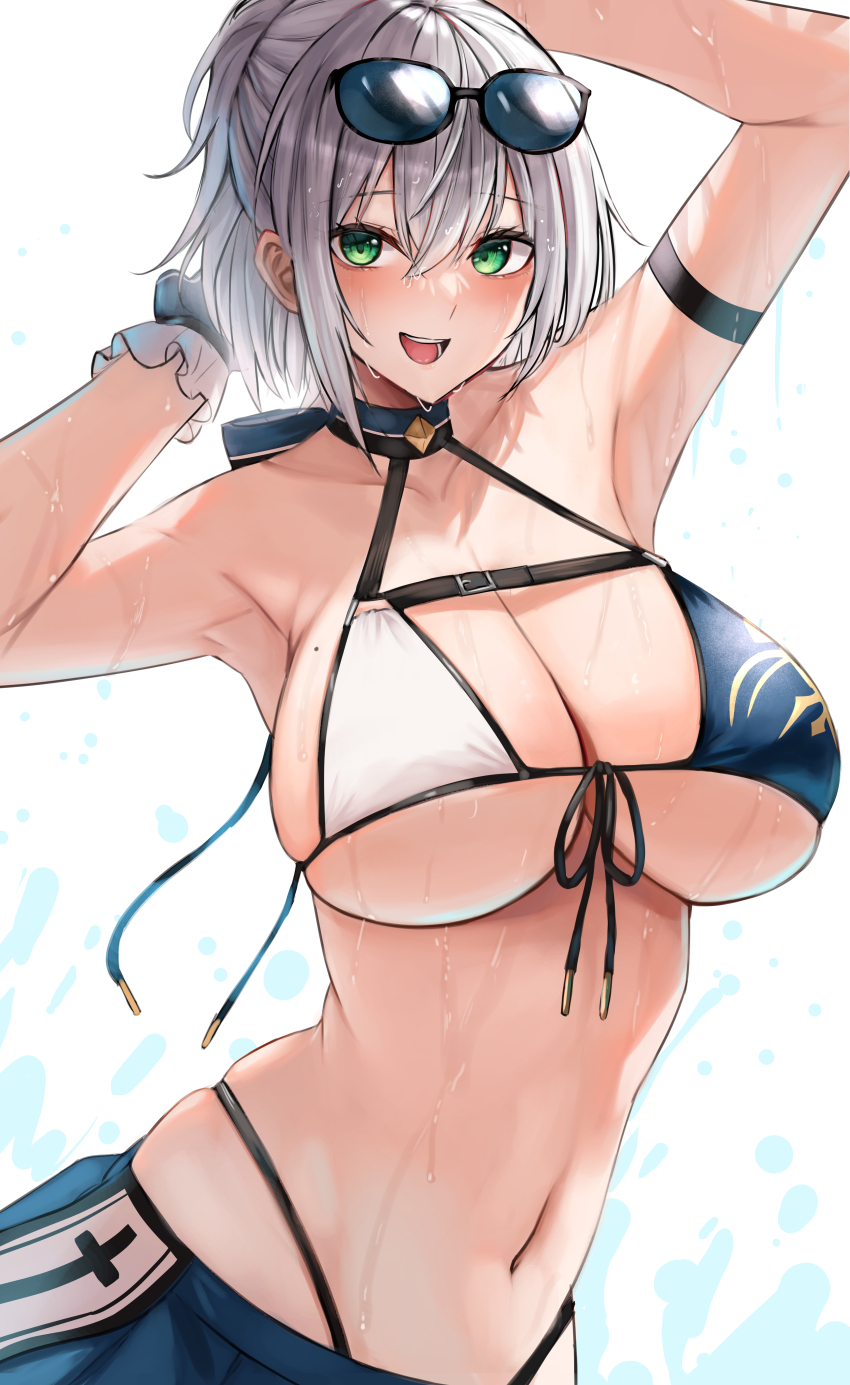 1girl, absurdres, arm_strap, arm_up, armpits, arms_up, bikini, blush