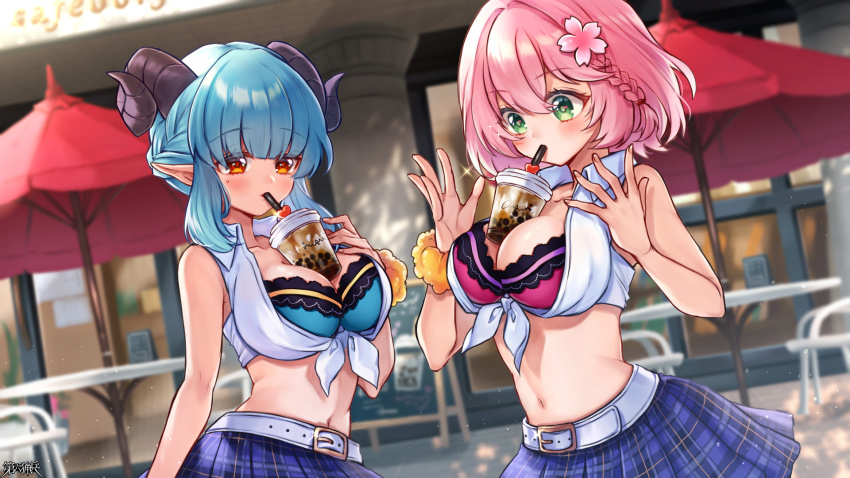 2girls, balancing, belt, between_breasts, black_horns, blunt_bangs, blurry, blurry_background, braid, breasts, bubble_tea, bubble_tea_challenge, charlotte_baldoressa, cleavage, copyright_name, cup, curled_horns, dairoku_ryouhei, day, disposable_cup, drink, drinking, drinking_straw, drinking_straw_in_mouth, flower, green_eyes, grimgram_groom, hair_flower, hair_ornament, highres, horns, large_breasts, medium_hair, multiple_girls, navel, object_on_breast, orange_eyes, outdoors, pink_hair, plaid_clothes, plaid_skirt, sidelocks, skirt, sleeveless, standing, sweat, yuzu_yoshino