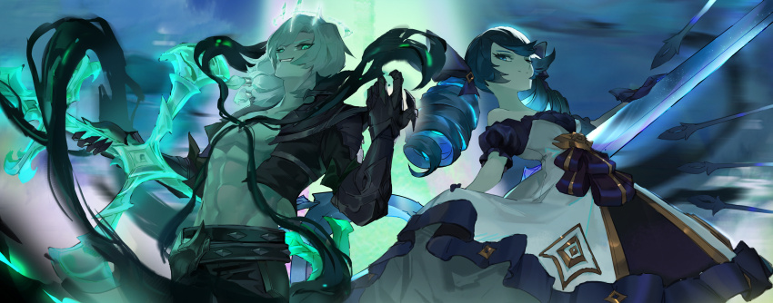 1boy, 1girl, abs, absurdres, bare_shoulders, belt, black_belt, black_dress