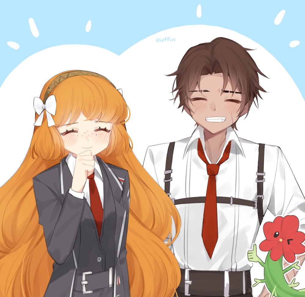 1boy, 1girl, belt, black_belt, black_coat, black_pants, black_vest, blush