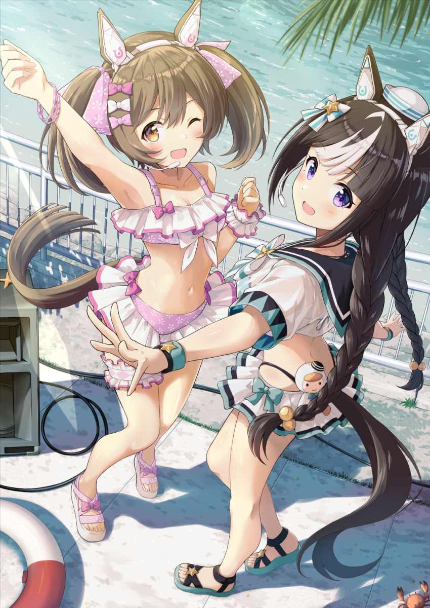 2girls, alternate_costume, animal_ears, bikini, bikini_skirt, braid, brown_hair, cropped_shirt