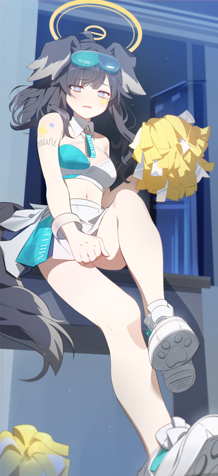 1girl, absurdres, animal_ears, bare_legs, bare_shoulders, black_hair, blue_archive, blue_eyes