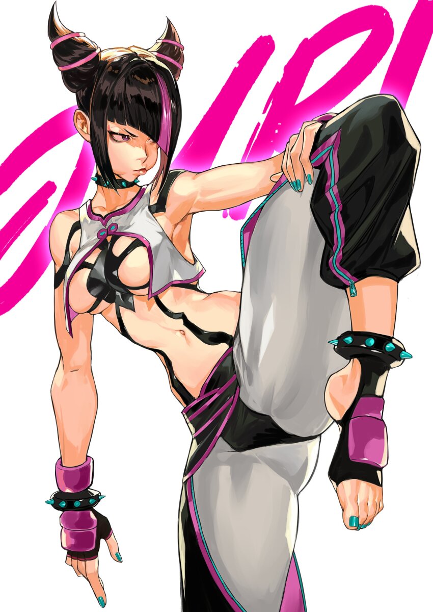 1girl, absurdres, ass, black_choker, blue_nails, breasts, choker, diagonal_bangs, feet, fingerless_gloves, foot_out_of_frame, gloves, han_juri, highres, knee_up, looking_to_the_side, medium_breasts, midriff, naijarski, nail_polish, navel, no_shoes, spiked_choker, spikes, stirrup_legwear, street_fighter, street_fighter_6, toeless_legwear, toenail_polish, toenails, toes, twintails