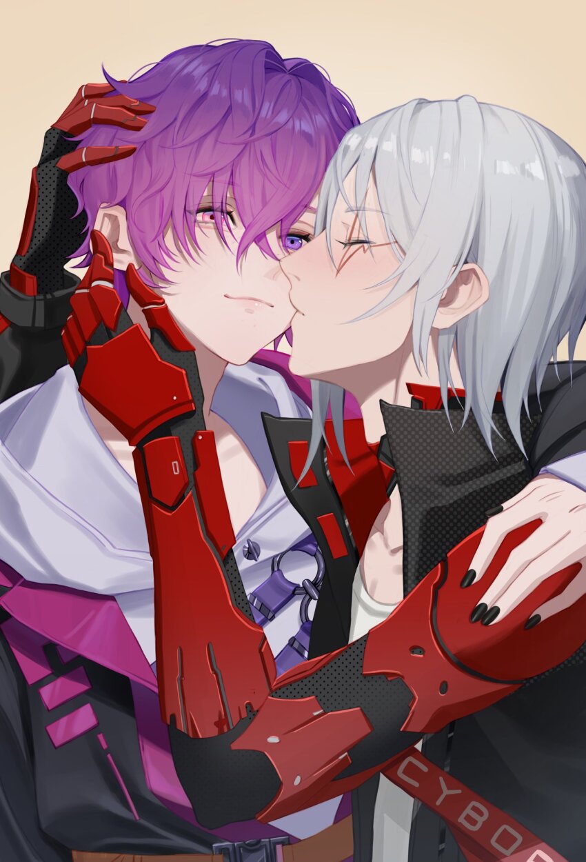 2boys, :3, arm_around_shoulder, belt, black_jacket, black_nails, closed_eyes, closed_mouth