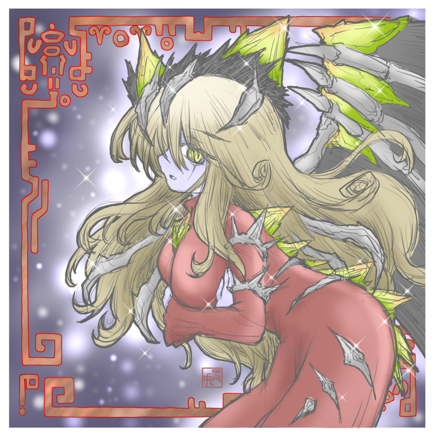 96bmg, absurdres, albino, blonde_hair, breasts, crossed_arms, dress, duel_monster