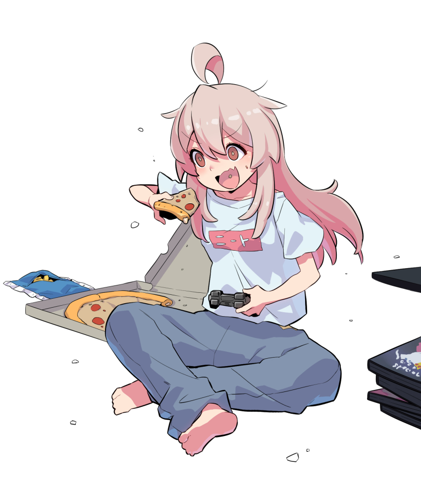 1girl, ahoge, barefoot, collarbone, controller, eating, food, game_controller