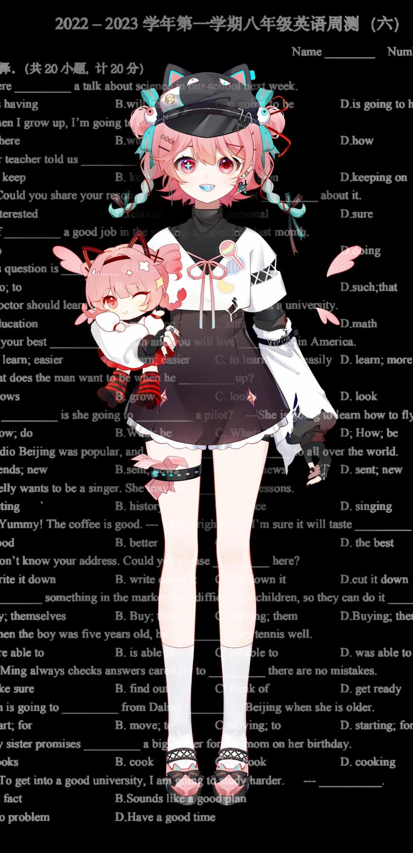 1girl, :d, absurdres, animal_hat, anqing, aqua_mouth, banknote, black_background