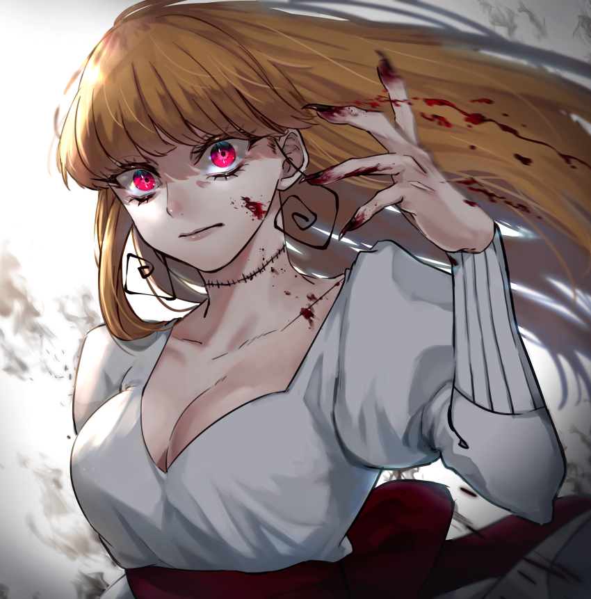 1girl, absurdres, blood, blood_on_face, blood_on_hands, breasts, brown_hair, cleavage