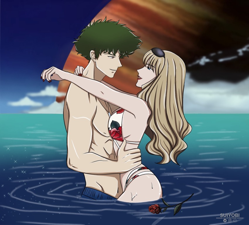 blonde_hair, blue_eyes, brown_eyes, couple, cowboy_bebop, green_hair, highres, julia_(cowboy_bebop), nail_polish, spike_spiegel, suiyobi