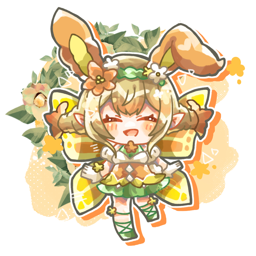 1girl, alternate_costume, animal_ears, blonde_hair, chibi, closed_eyes, easter, fire_emblem, fire_emblem_heroes, hair_between_eyes, kinako_tadano, nintendo, open_mouth, peony_(fire_emblem), pointy_ears, rabbit_ears, sidelocks, smile, solo, white_background