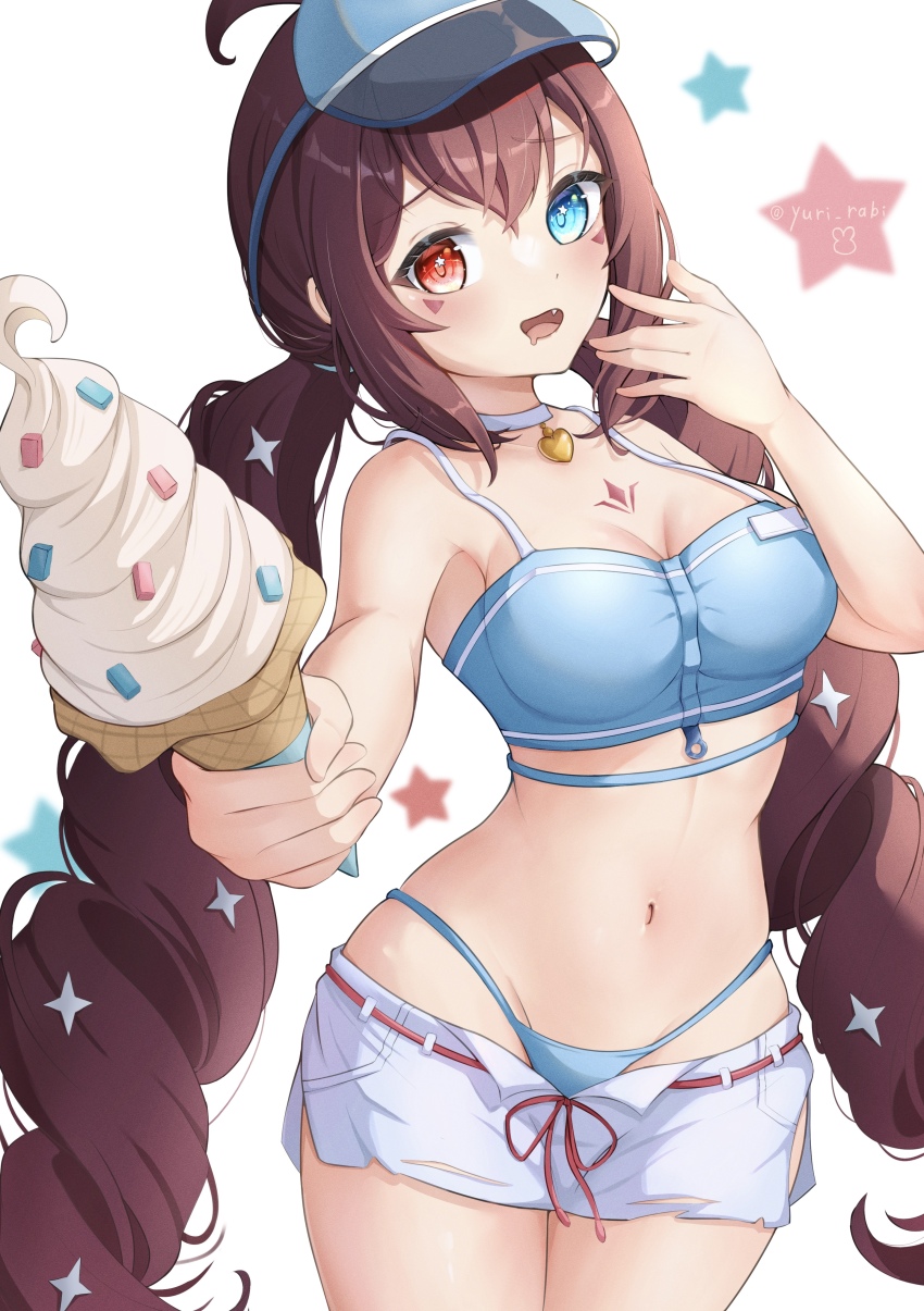 1girl, absurdres, bare_shoulders, bikini, blue_bikini, blue_eyes, breasts, brown_hair