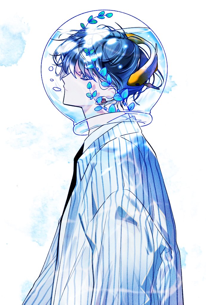 1boy, black_hair, closed_mouth, collared_shirt, commentary_request, eoduun_badaui_deungbul-i_doeeo, fish, fishbowl