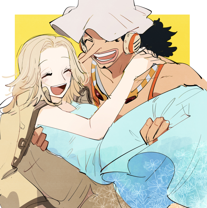 1boy, 1girl, absurdres, black_hair, blonde_hair, blue_dress, carrying, carrying_person, closed_eyes, dress, earmuffs, facial_hair, goatee, goggles, goggles_around_neck, haru_hikoya, hat, headphones, highres, kaya_(one_piece), long_nose, medium_hair, one_piece, open_mouth, overalls, princess_carry, smile, suspenders, teeth, usopp, wavy_hair, white_background, white_headwear