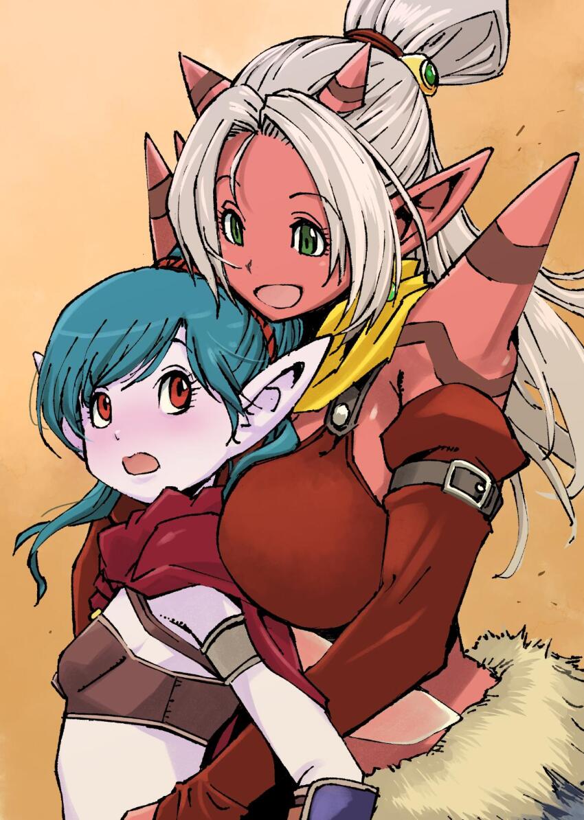 2girls, breasts, colored_skin, demon_girl, dragon_quest, dragon_quest_x, elf_(dq10), green_eyes