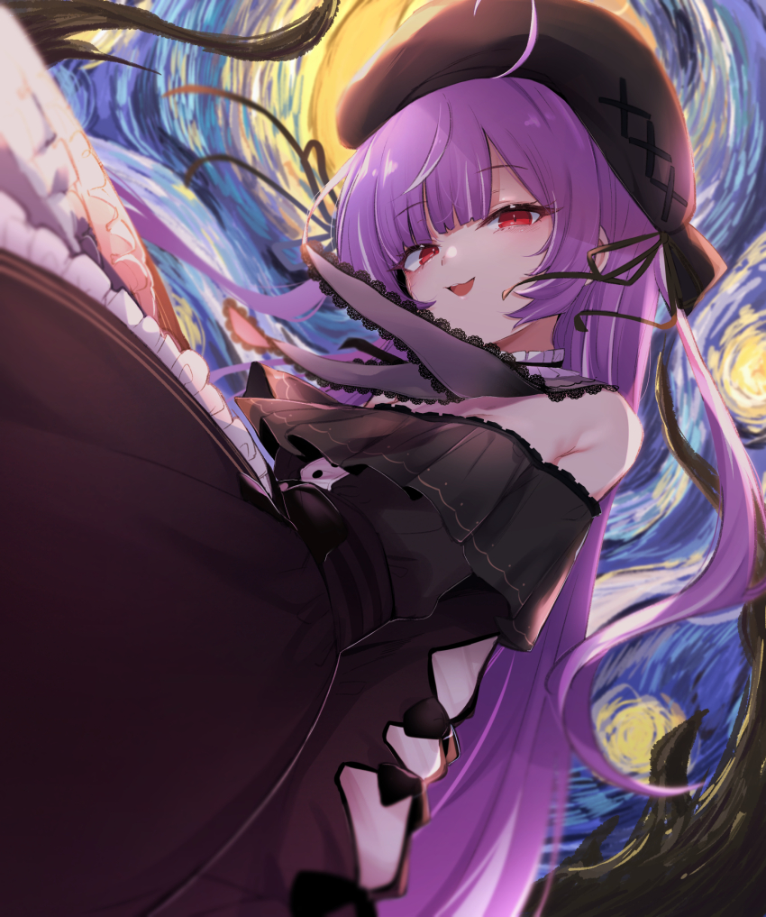 1girl, ahoge, beret, black_dress, blunt_bangs, blush, breasts, brown_hat