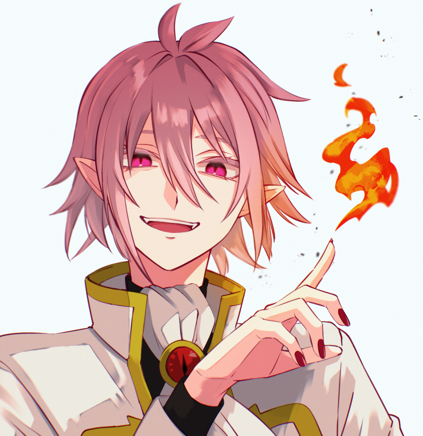 1boy, :d, antenna_hair, ascot, asmodeus_alice, black_shirt, brooch, colored_eyelashes