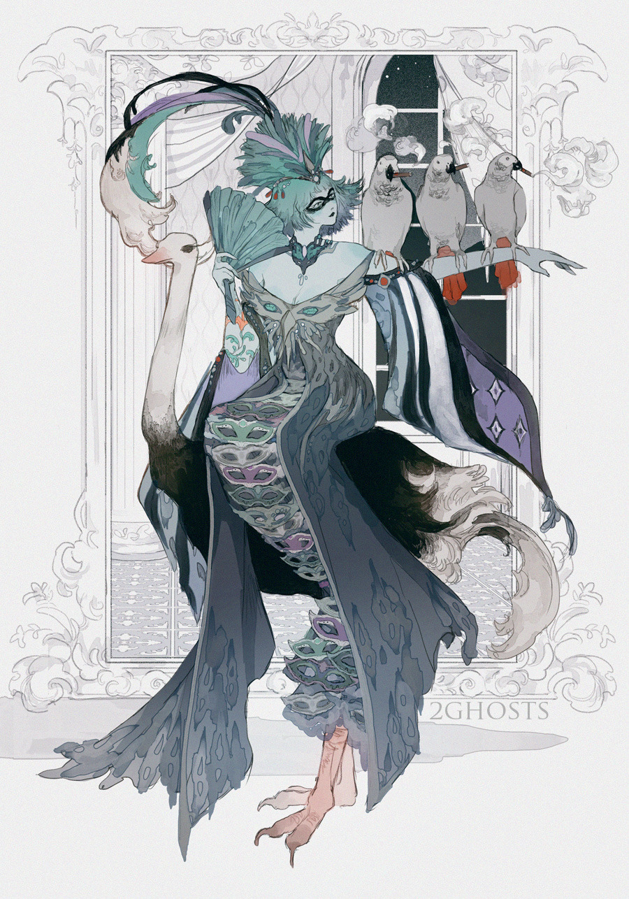 1girl, 2ghostsart, a_court_of_fey_and_flowers, aqua_choker, aqua_hair, aqua_skin, bird, blunt_bangs