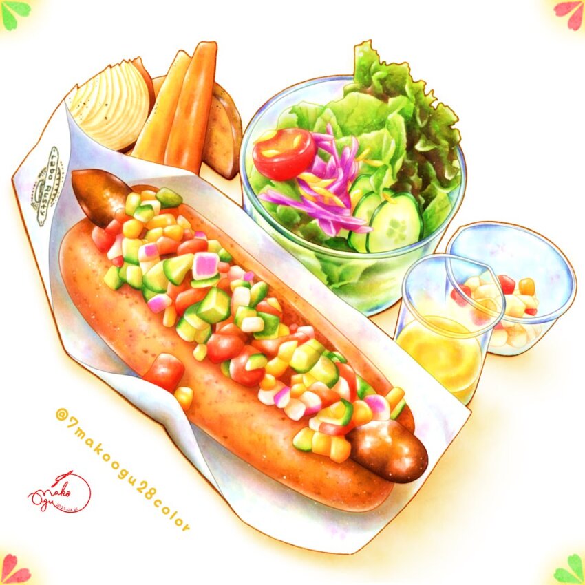 7makoogu28color, bowl, bread, carrot, color_ink_(medium), cucumber, food, food_focus