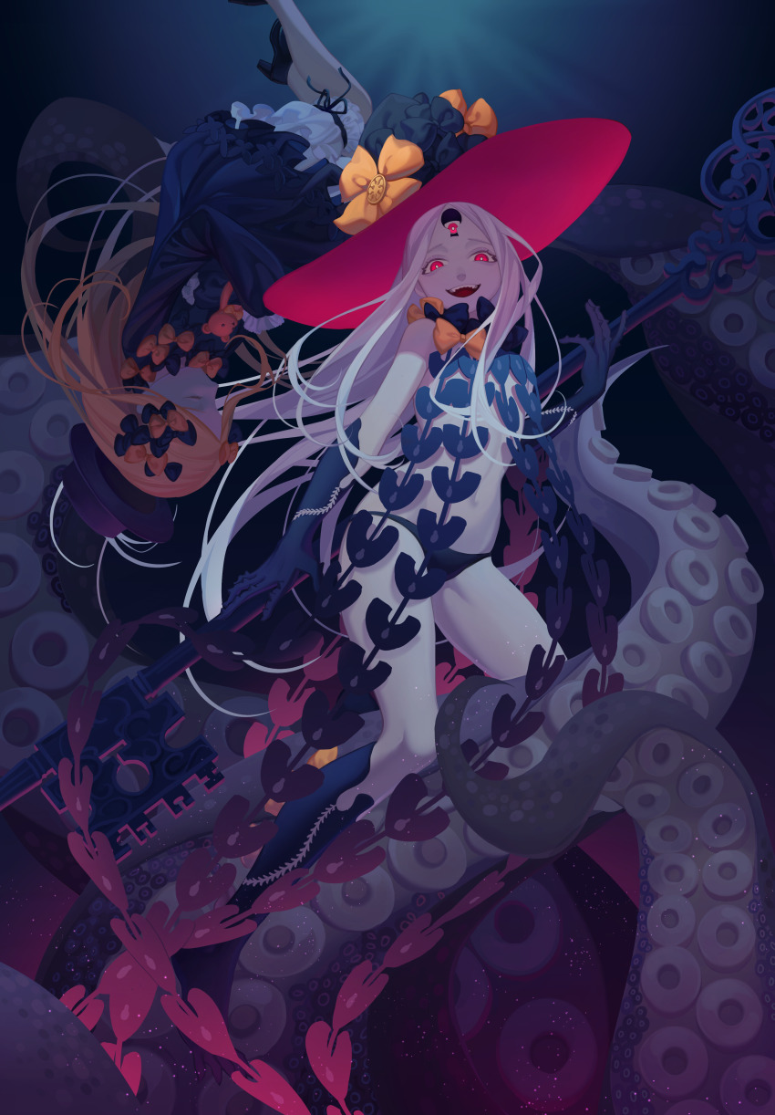 2girls, abigail_williams_(fate), abigail_williams_(first_ascension)_(fate), abigail_williams_(third_ascension)_(fate), absurdres, bare_shoulders, black_bow, black_headwear