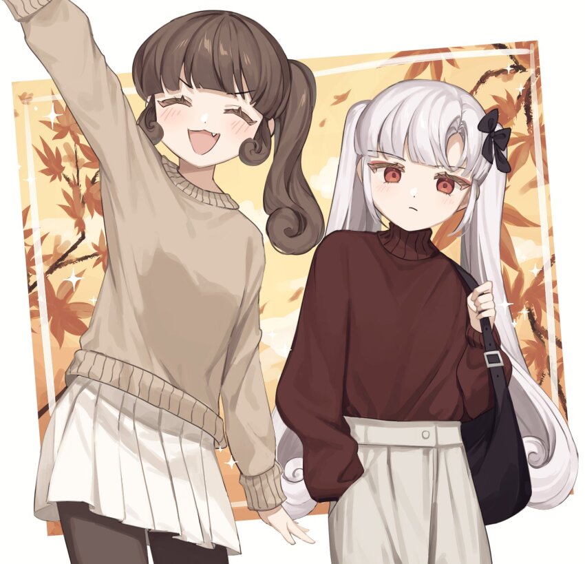 2girls, :3, arm_up, black_bow, bloody_vera, blush, bow, brown_pantyhose, closed_mouth, hair_bow, hand_up, highres, long_hair, looking_at_viewer, love_mintchoco, multiple_girls, open_mouth, pants, pantyhose, parted_bangs, pleated_skirt, red_eyes, side_ponytail, sidelocks, skirt, sweater, talesrunner, turtleneck, turtleneck_sweater, twintails, vera_(talesrunner), very_long_hair, white_hair, white_pants, white_skirt