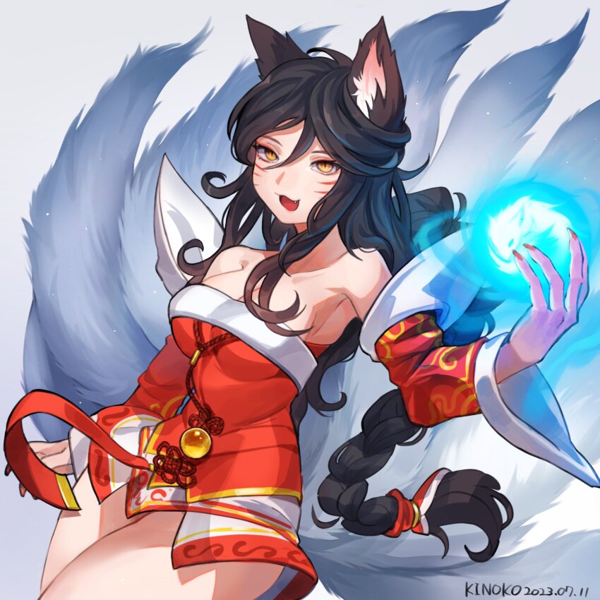 1girl, :d, ahri_(league_of_legends), animal_ears, artist_name, bare_shoulders, black_hair, braid, breasts, cleavage, cowboy_shot, detached_sleeves, dress, facial_mark, fang, fox_ears, fox_tail, highres, kinoko_doka-gui_kizetsu-bu, korean_clothes, large_breasts, league_of_legends, long_hair, looking_at_viewer, magic, nail_polish, open_mouth, orange_eyes, red_dress, red_nails, smile, solo, tail, whisker_markings