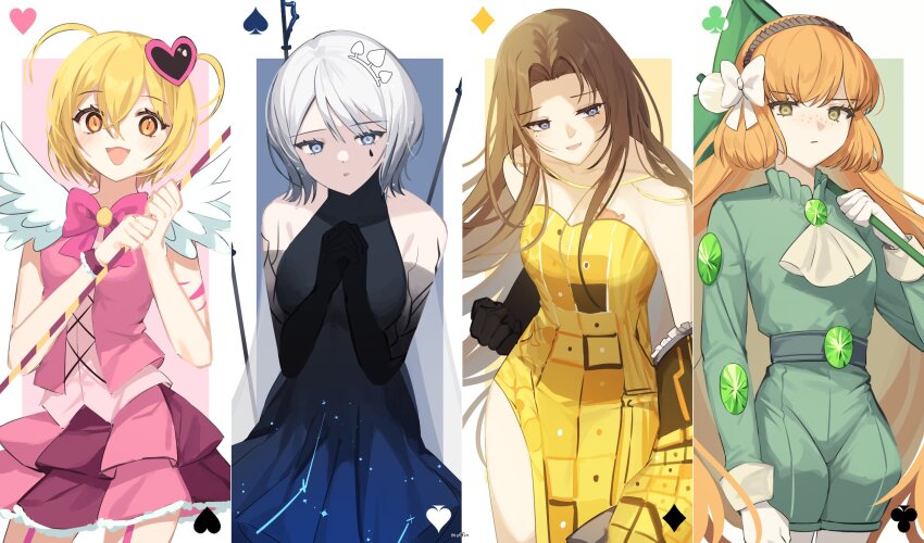 4girls, ascot, black_dress, blind_rage_(e.g.o), blonde_hair, blue_eyes, bow, bowtie, brown_hair, don_quixote_(project_moon), dress, e.g.o_(project_moon), faust_(project_moon), gold_rush_(e.g.o), highres, in_the_name_of_love_and_hate_(e.g.o), ishmael_(project_moon), king_of_greed, knight_of_despair, limbus_company, long_hair, love_mintchoco, multiple_girls, orange_hair, parted_bangs, pink_bow, pink_bowtie, pink_skirt, project_moon, queen_of_hatred, rodion_(project_moon), servant_of_wrath, sidelocks, simple_background, skirt, two_side_up, very_long_hair, white_ascot, white_background, white_hair, yellow_dress, yellow_eyes