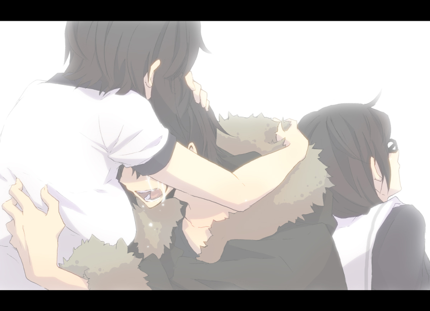 1boy, 2girls, breasts, brother_and_sister, comforting, durarara!!, fake_screenshot, glasses, gym_uniform, hand_on_another's_head, head_rest, hirasaka_(artist), hirasaka_ine, hug, large_breasts, letterboxed, multiple_girls, orihara_izaya, orihara_kururi, orihara_mairu, short_hair, siblings, sisters, tears, twins