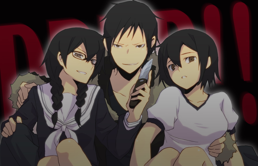 1boy, 2girls, arm_around_another's_waist, arm_around_neck, arm_on_another's_shoulder, bad_id, bad_pixiv_id, black_hair