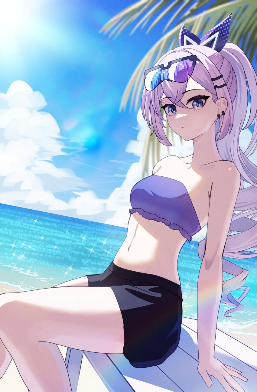 1girl, absurdres, arm_support, bandeau, bare_arms, bare_shoulders, beach, black_shorts, blue_eyes, blue_sky, breasts, cloud, commentary_request, day, drill_hair, eyewear_on_head, feet_out_of_frame, highres, honkai:_star_rail, honkai_(series), long_hair, looking_at_viewer, medium_breasts, midriff, natsuki_iroha, navel, ocean, outdoors, ponytail, purple_hair, short_shorts, shorts, silver_wolf_(honkai:_star_rail), sitting, sky, solo, sparkle, stomach, strapless, sunglasses, thighs, tube_top, very_long_hair, water