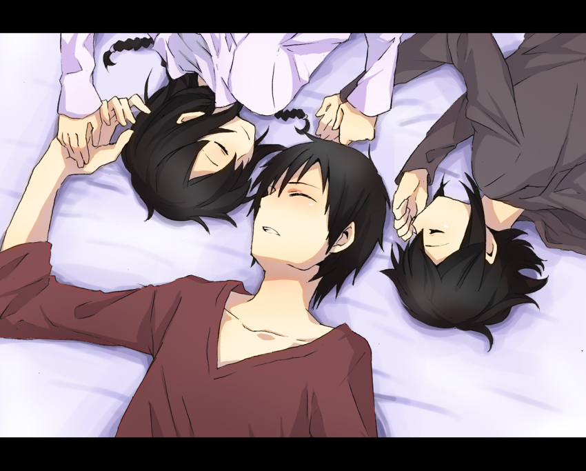 1boy, 2girls, black_hair, brother_and_sister, closed_eyes, durarara!!, hirasaka_(artist), hirasaka_ine
