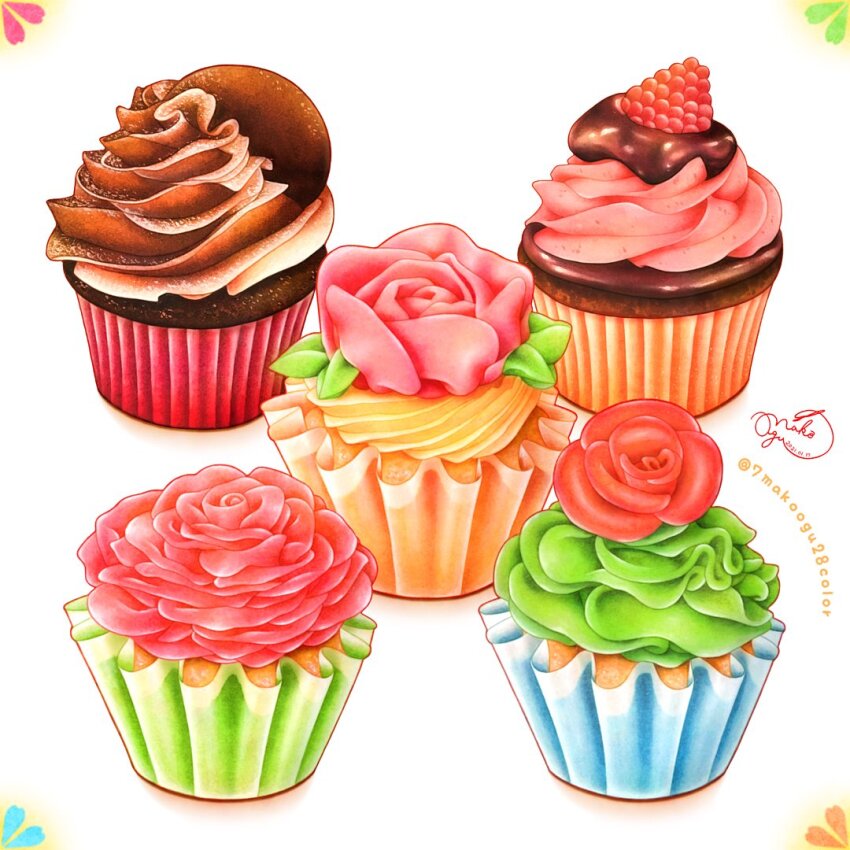 7makoogu28color, artist_name, cake, candy, color_ink_(medium), cupcake, flower, food