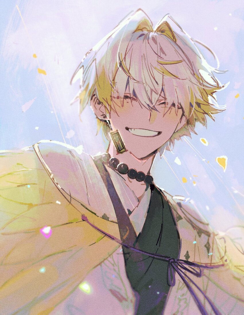 1boy, ^_^, algorhythm_project, bead_choker, beads, black_choker, black_kimono, blonde_hair