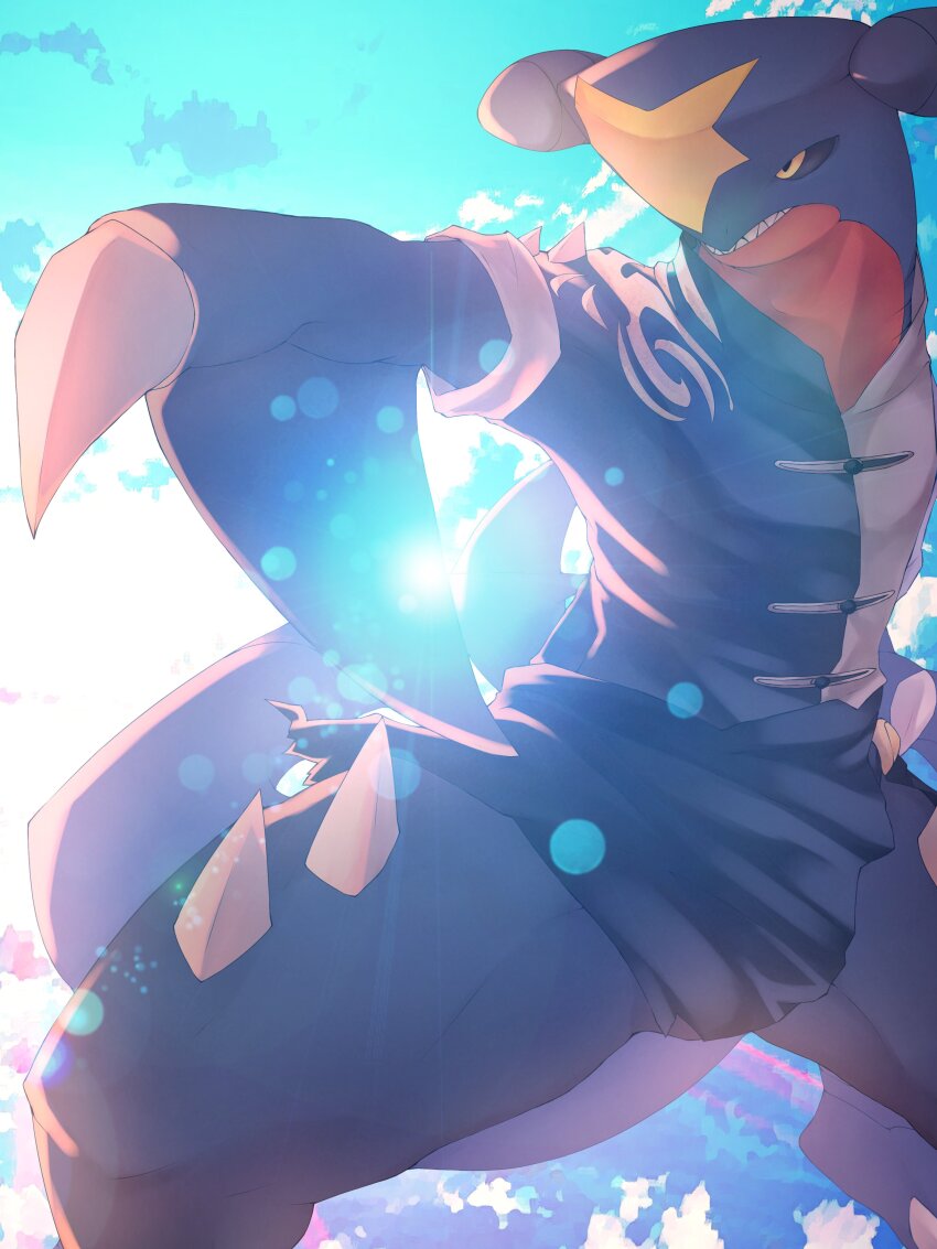 absurdres, backlighting, blue_sky, clothed_pokemon, garchomp, garchomp_(martial_arts), gen_4_pokemon, highres, lens_flare, mame02550912, nintendo, no_humans, outdoors, pokemon, pokemon_(creature), pokemon_unite, shirt, sky, solo