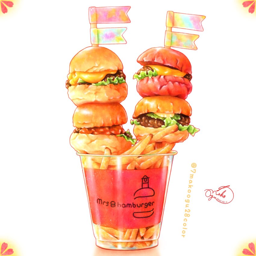 7makoogu28color, artist_name, burger, cheese, color_ink_(medium), cup, english_text, flag