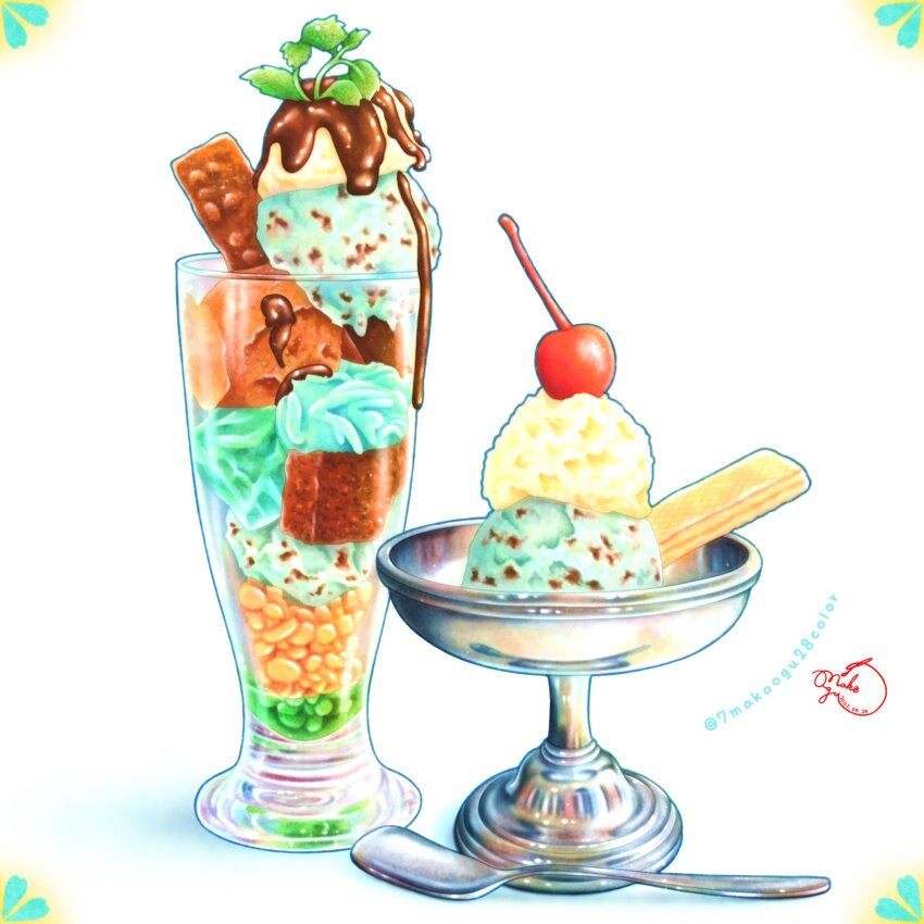 7makoogu28color, artist_name, cherry, cocktail_glass, color_ink_(medium), cup, dessert, drinking_glass, food, food_focus, fruit, highres, ice_cream, ice_cream_scoop_(utensil), mint_chocolate, no_humans, original, painting_(medium), simple_background, spoon, sweets, traditional_media, watercolor_(medium)