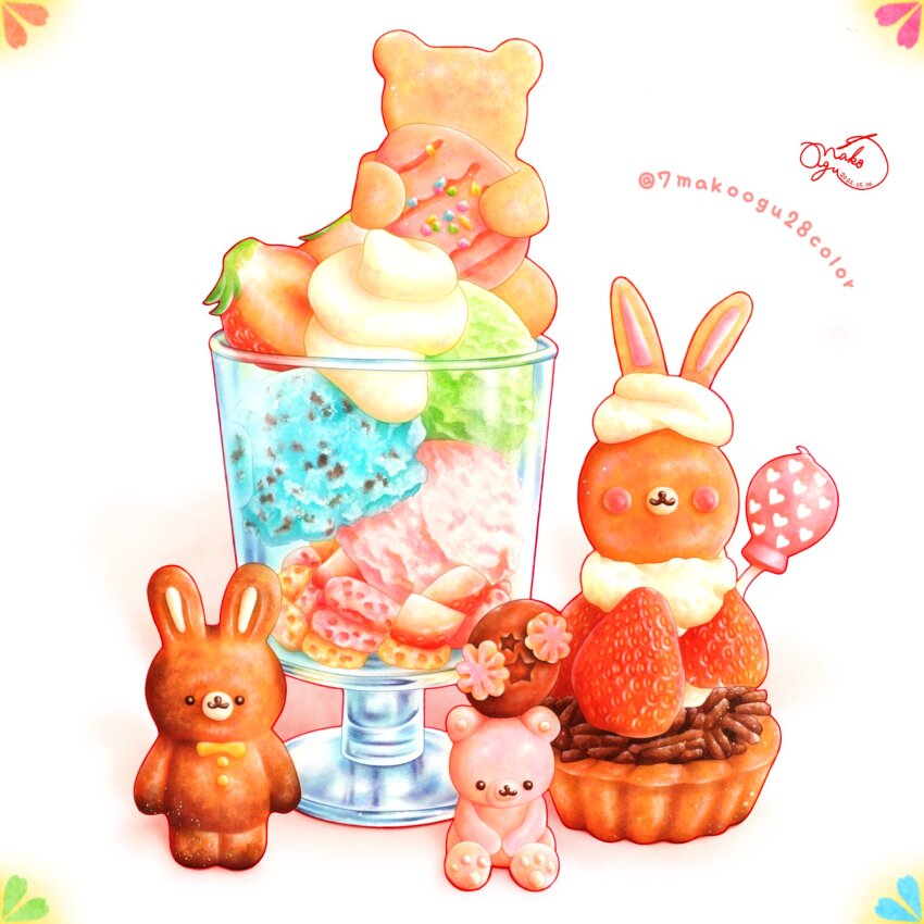 7makoogu28color, artist_name, bear, candy, color_ink_(medium), food, food_focus, fruit, gingerbread_cookie, glass, heart, highres, ice_cream_scoop_(utensil), no_humans, original, painting_(medium), rabbit, simple_background, strawberry, sweets, tart_(food), traditional_media, watercolor_(medium)