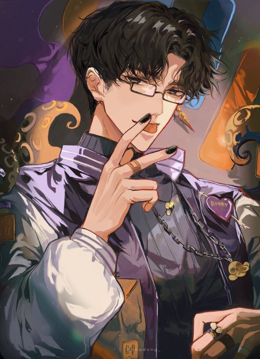 1boy, algorhythm_project, artist_name, black_eyes, black_hair, black_nails, black_sweater, chain