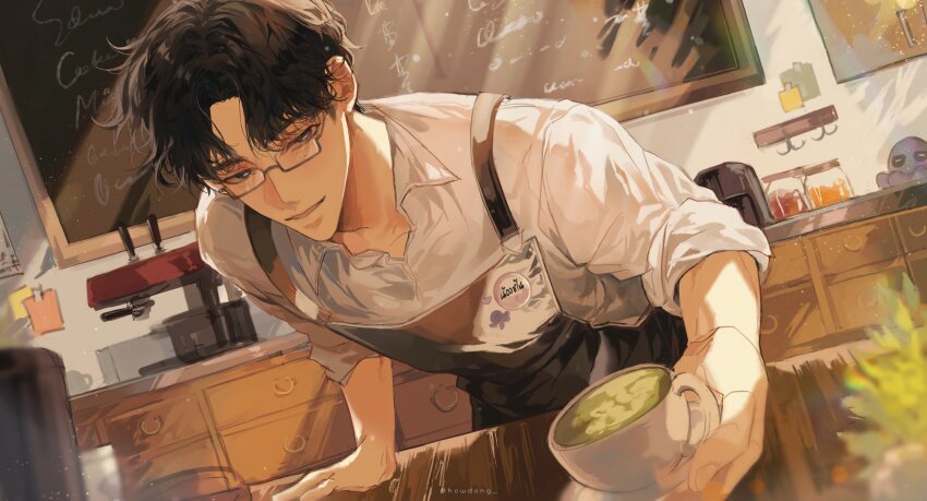 1boy, absurdres, algorhythm_project, apron, artist_name, black_apron, black_eyes, black_hair